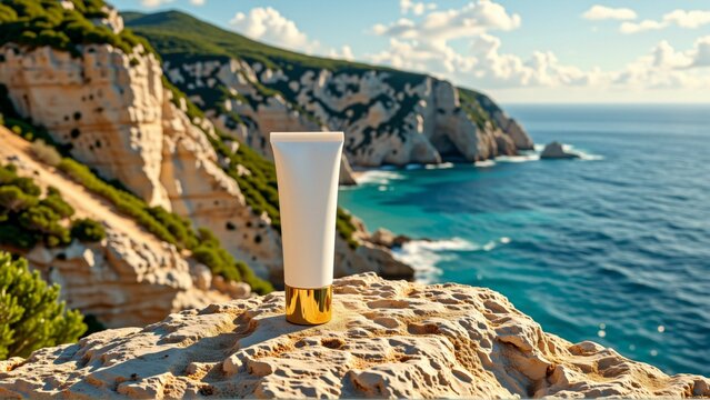 white tube cream lotion sitting rocky cliff overlooking ocean cliff covered greenery ocean beautiful turquoise color small waves crashing onto shore sky blue white clouds horizon visible distance - Powered by Adobe