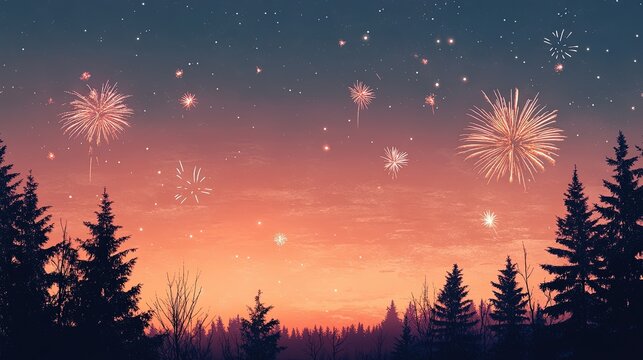 A serene landscape painting of a forest silhouette against a dusk-to-midnight gradient sky, with stars and distant fireworks. Perfect for celebrations or tranquil night scenes.