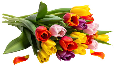 Obraz premium Colorful tulip bouquet isolated on transparent background for springtime and floral designs isolated on transparent background