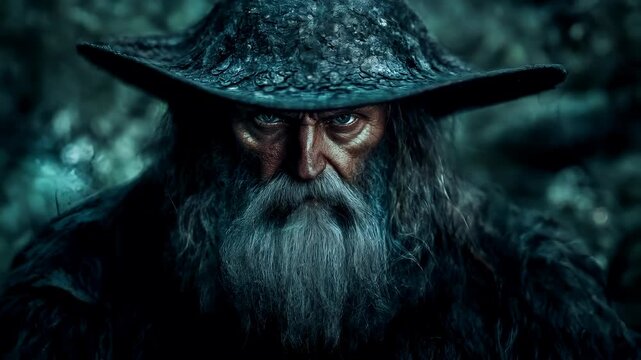 Halloween holiday promotion theme. Spooky scaring. A closeup portrait of an elderly man with a rugged appearance, wearing a widebrimmed hat. His eyes are a striking shade of blue.