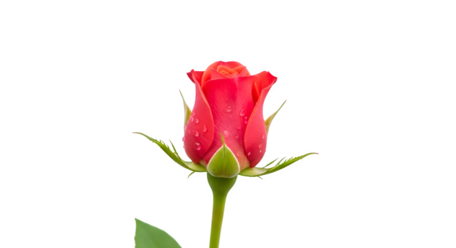 Elegant red rose bud with stem isolated on transparent background for design projects