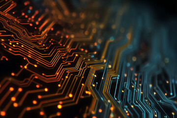Glowing circuit board with orange and blue lines and lights against a dark background