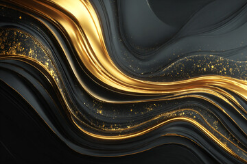 Luxurious black and gold abstract waves with sparkling particles, smooth flowing curves creating a sense of depth and elegance