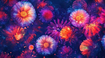 A seamless, horizontally tileable abstract pattern of midnight fireworks or glowing cells. A vibrant, dark background for celebrations, science, or futuristic themes.