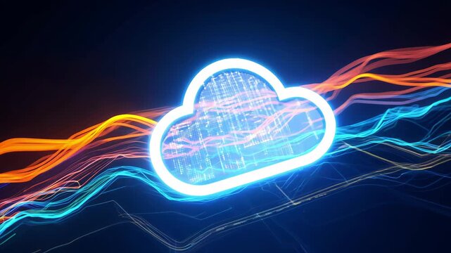 Futuristic data visualization, Futuristic neon cloud icons over vibrant data transfer visuals, Advanced virtual server networks showcased through neon cloud imagery and rapid data analytics