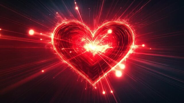 Fiery Heartburst: Glowing Heart Animation with Ethereal Light Rays and Particles