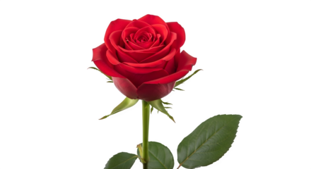 Elegant red rose bud with stem and leaf isolated on transparent background