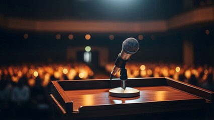 Vintage microphone on a wooden podium ready for a captivating speech in a dimly lit auditorium