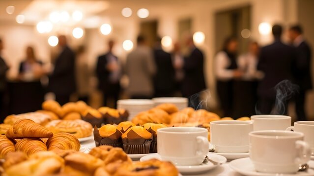 Elegant buffet spread featuring pastries and coffee cups at a social gathering