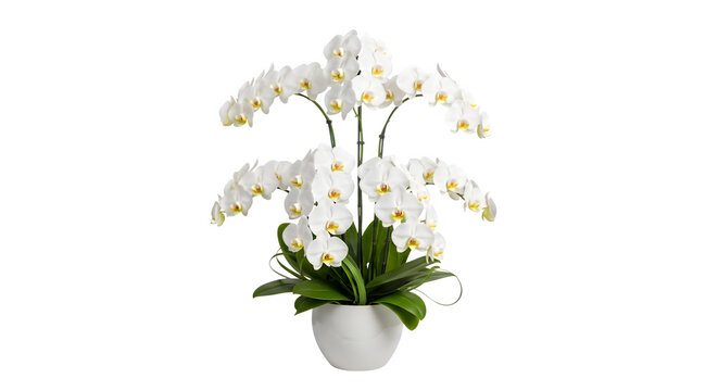 Elegant white orchid arrangement in pot isolated on transparent background - Powered by Adobe