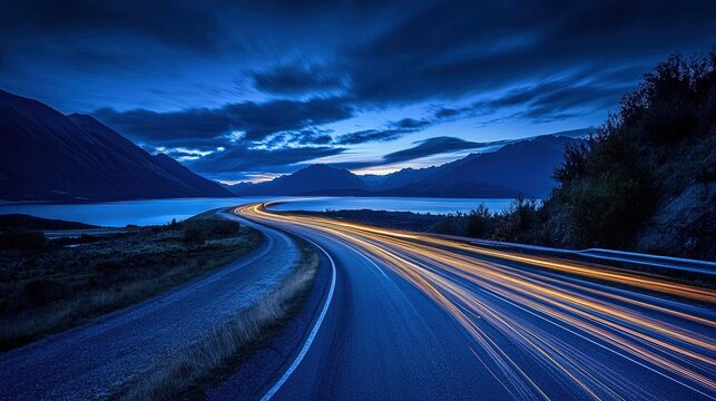 A dynamic image of glowing blue light trails created with a slow shutter speed. Represents speed, technology, data flow, or motion on a dark background.