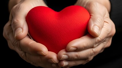 Fototapeta premium Elderly hands gently cupping a vibrant red heart symbolizing love and care