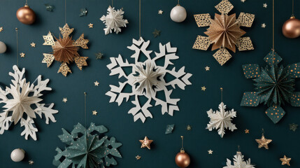 Christmas decoration with paper snowflakes and baubles hanging on dark green background, creating festive and elegant holiday atmosphere