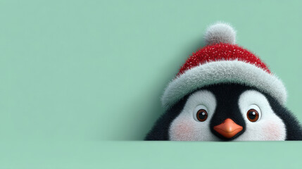Cute penguin wearing red and white Christmas hat peeking over green surface with joyful expression