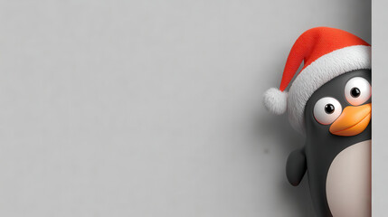 Cute penguin wearing red Santa hat peeks from side with curious eyes on plain gray background, festive and playful holiday concept