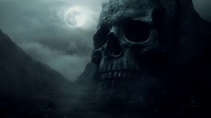 Halloween holiday promotion theme. Spooky scaring. A dark, atmospheric, and atmospheric digital artwork featuring a skull as its central subject. The skull is surrounded by a misty.