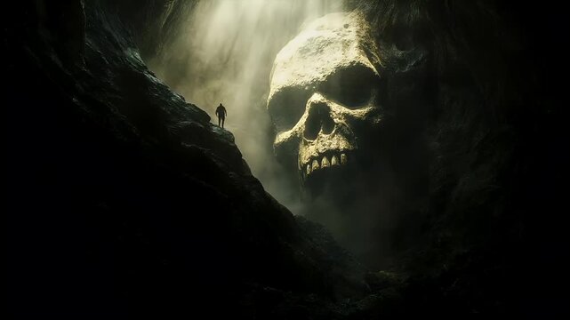 Halloween holiday promotion theme. Spooky scaring. A dark, atmospheric, and atmospheric portrayal of a human figure standing on a rocky outcrop amidst a misty, rocky landscape.