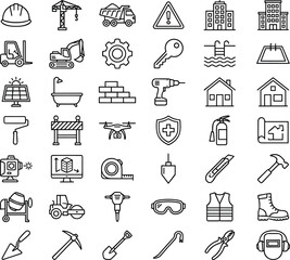 Construction icons, engineering tools, safety symbols, hard hat, crane, dump truck, blueprint, gear, house, solar panel, drill, barrier, fire