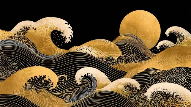 White, black and gold contemporary artistic Japanese ukiyo-e, folding screen ambience, abstract, elegant, delicate and luxurious retro dramatic graphic design elements.