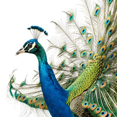 Fototapeta premium majestic peacock displaying vibrant plumage on white
