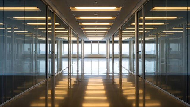 Modern glass corridor with reflective floor and bright overhead lighting