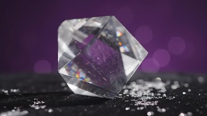 Clear diamond crystal rotating on dark background with light flares, jewelry and luxury concept - Powered by Adobe