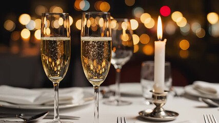 Close up of champagne bubbles in glasses at candlelight dinner with zoom in, romantic date concept