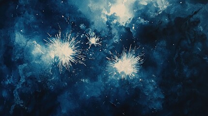 Fototapeta premium An artistic, watercolor-style depiction of colorful fireworks exploding against a dark midnight sky. Perfect for celebrations like New Year's Eve, holidays, and festive digital art.