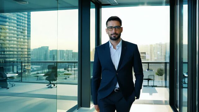Businessman at sunrise, Confident executive with sunrise view, Corporate executive evident in bright sunrise workspace, Business professional exudes confidence in modern highrise office