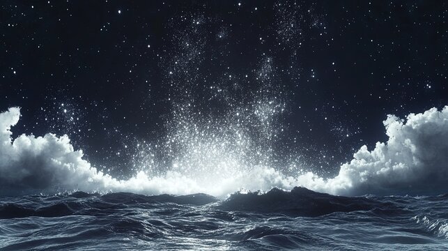 A dynamic and abstract explosion of white and silver particles on a dark background. This energetic burst can represent power, a storm, a wave crash, or a futuristic special effect.