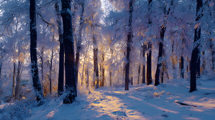Sunlight streams through a dense forest covered in heavy frost and fresh white snow during winter