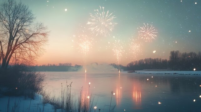 A wide panoramic banner of a scenic landscape under a rustic, colorful sky at sunset or sunrise. Features variations with faint fireworks for celebrations and calm lake reflections for peaceful concep