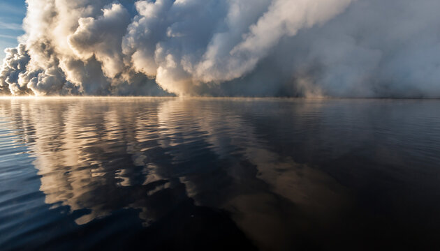 Steam Wall Reflected in Water. Rising Wall of Endless Smoke/Steam Loop. A low-angle shot of a massive white steam wall rising from the surface of a still, black body of water.
