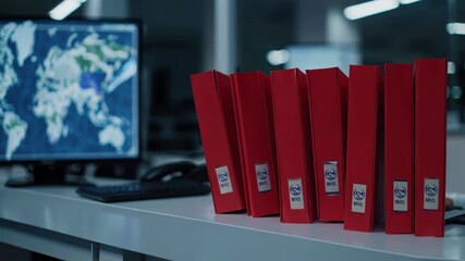 Red binders of confidential government records on a desk in a high security control room with global maps on monitors, evoking surveillance, intelligence and data management operations - Powered by Adobe