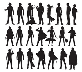  Collection of diverse male and female character silhouettes in dynamic poses silhouette