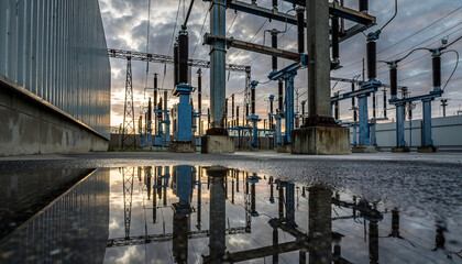 Sunset-lit ground reflection of industrial substation towers and frames