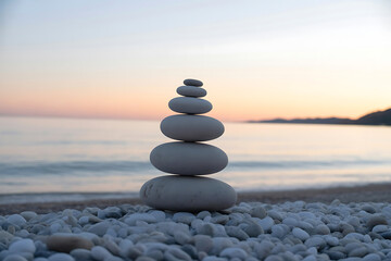 Fototapeta premium Achieve tranquil balance with stacked stones at sunrise on pebble beach for mindfulness and relaxation