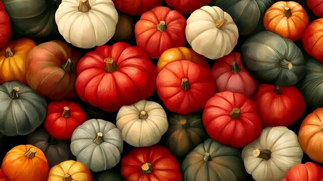 A closeup view of a vibrant assortment of pumpkins and gourds. The pumpkins are painted in a variety of colors, including red, orange, yellow, green, and blue. They are arranged in a grid pattern.