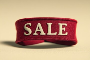 Red Fabric SALE Label Macro Shot on Neutral Background for Discounts and Promotions