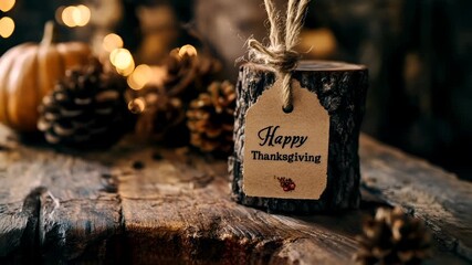 Thanksgiving holiday promotion theme. A rustic wooden table adorned with autumnal decorations, including a pumpkin and pinecones. The scene is illuminated by warm, golden lights.