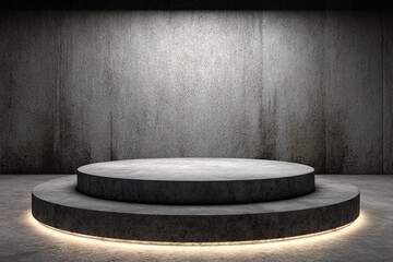 A minimalist concrete stage awaits presentation with subtle illumination on its lower level