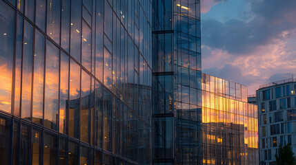 Modern glass office building facade reflecting a dramatic sunset sky with warm orange and blue tones at dusk