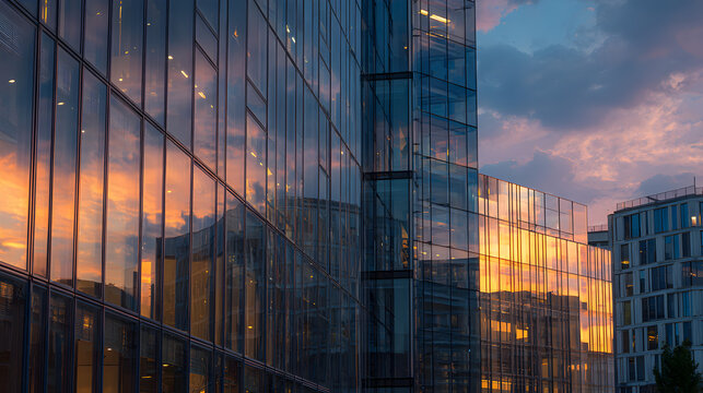 Modern glass office building facade reflecting a dramatic sunset sky with warm orange and blue tones at dusk