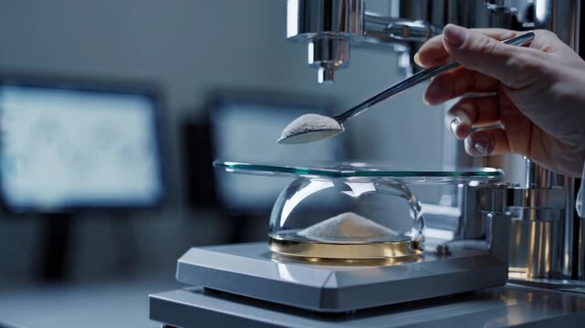 In a state of the art laboratory, a scientist meticulously measures a sample using a precision balance, demonstrating the rigorous procedures of scientific investigation and analysis