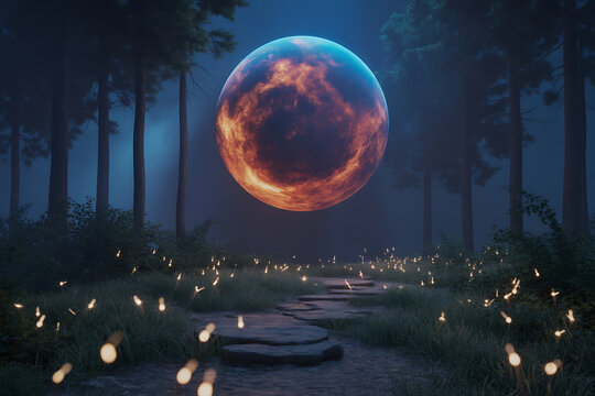Enchanting night forest scene with magical fireflies and glowing orb perfect for fantasy games or dreamy backgrounds - Powered by Adobe