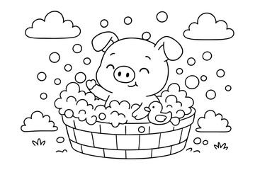 Cute Piglet Enjoying a Bubble Bath with Rubber Duck in Wooden Tub Outdoors