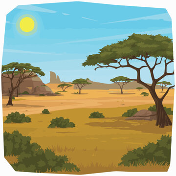 Cartoon african savanna landscape vector illustration with trees sun and blue sky background for travel design