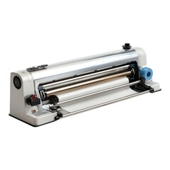 A semi-open, industrial-looking machine with shiny metal rollers and a paper feed. It has buttons and a blue knob