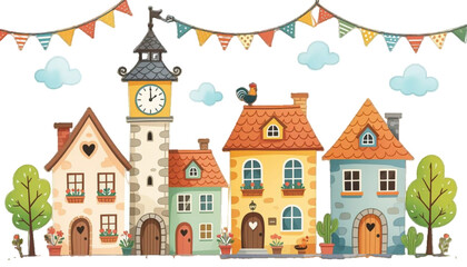 Obraz premium Winter night city in retro style. Christmas background with houses, Christmas tree, snowman. Cozy town in a flat style with lettering merry Christmas vector illustration on transparent Background.