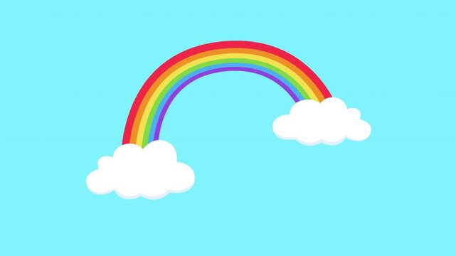 Rainbow with clouds animation on blue sky. Video motion graphic for composite and presentation.